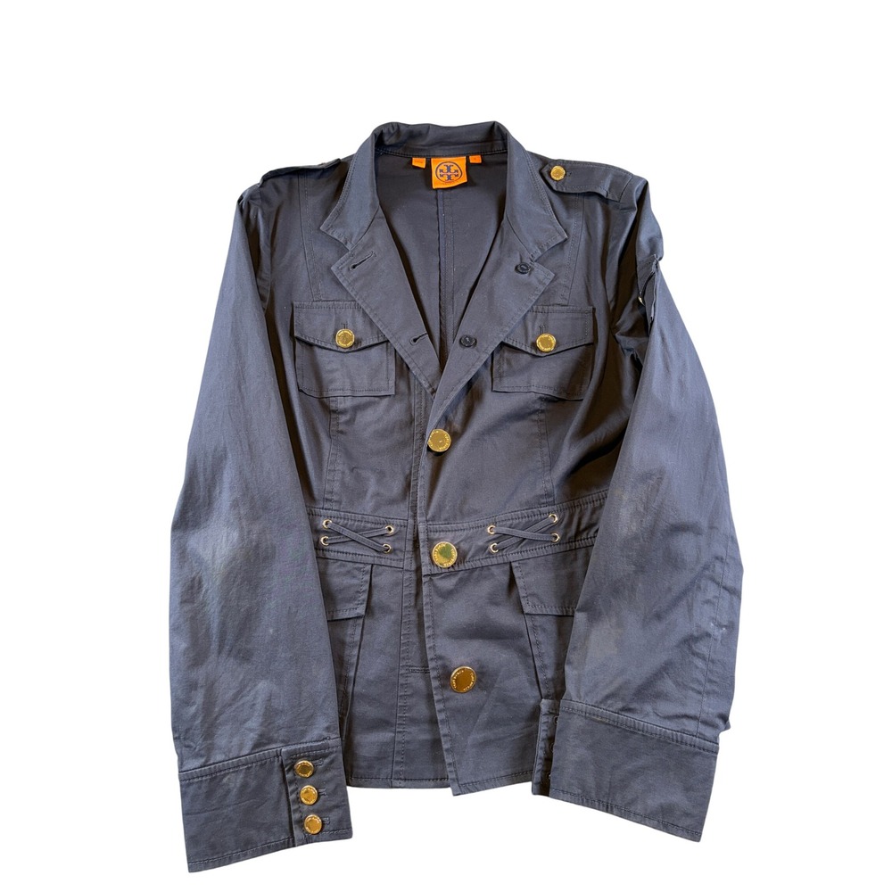 Tory Burch Navy Blue Military Utility Jacket Gold Logo Button Lace Up Waist 6